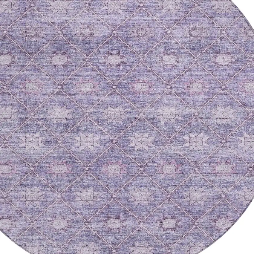 8' Purple And Ivory Round Floral Washable Indoor Outdoor Area Rug Photo 8