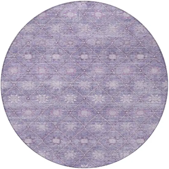 8' Purple And Ivory Round Floral Washable Indoor Outdoor Area Rug Photo 4
