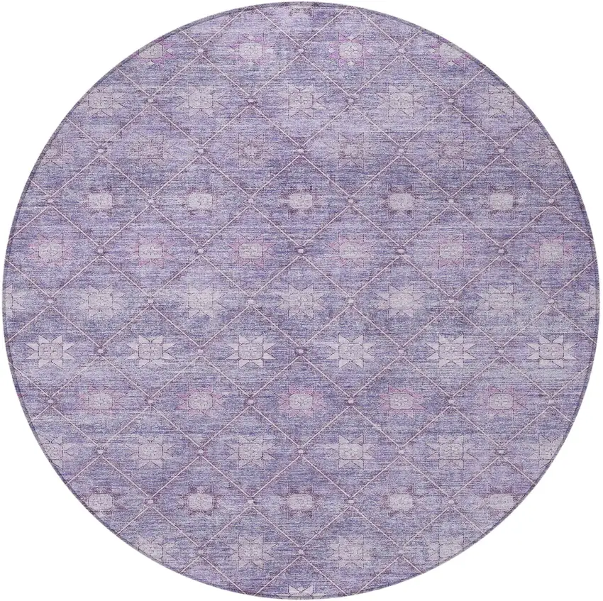 8' Purple And Ivory Round Floral Washable Indoor Outdoor Area Rug Photo 4