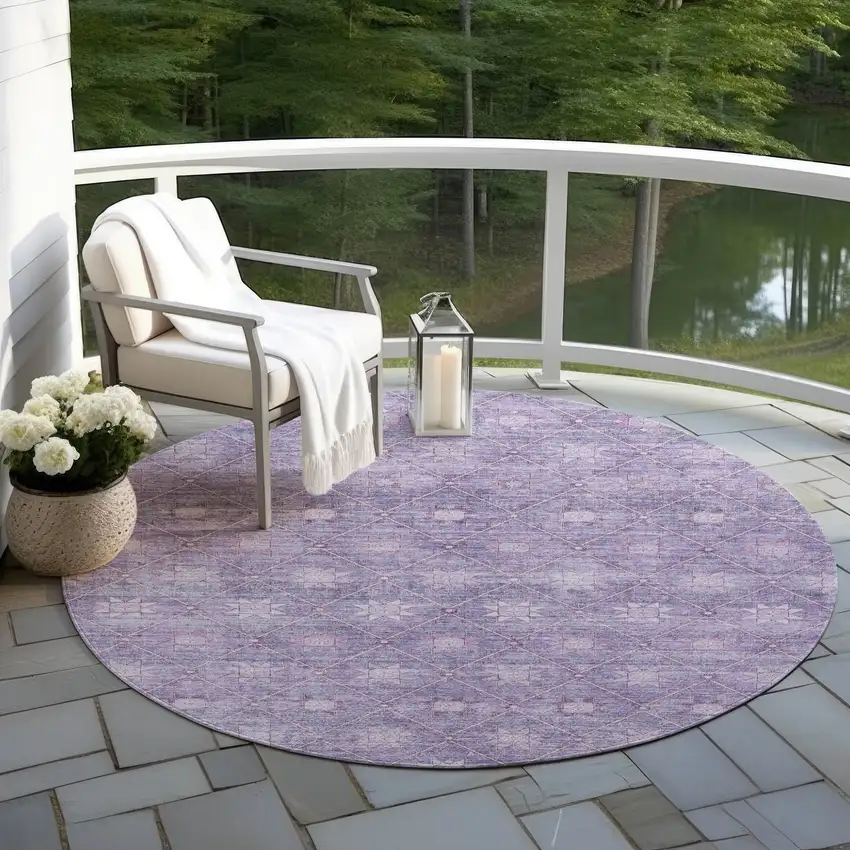 8' Purple And Ivory Round Floral Washable Indoor Outdoor Area Rug Photo 5