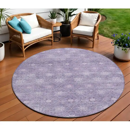 8' Purple And Ivory Round Floral Washable Indoor Outdoor Area Rug Photo 2