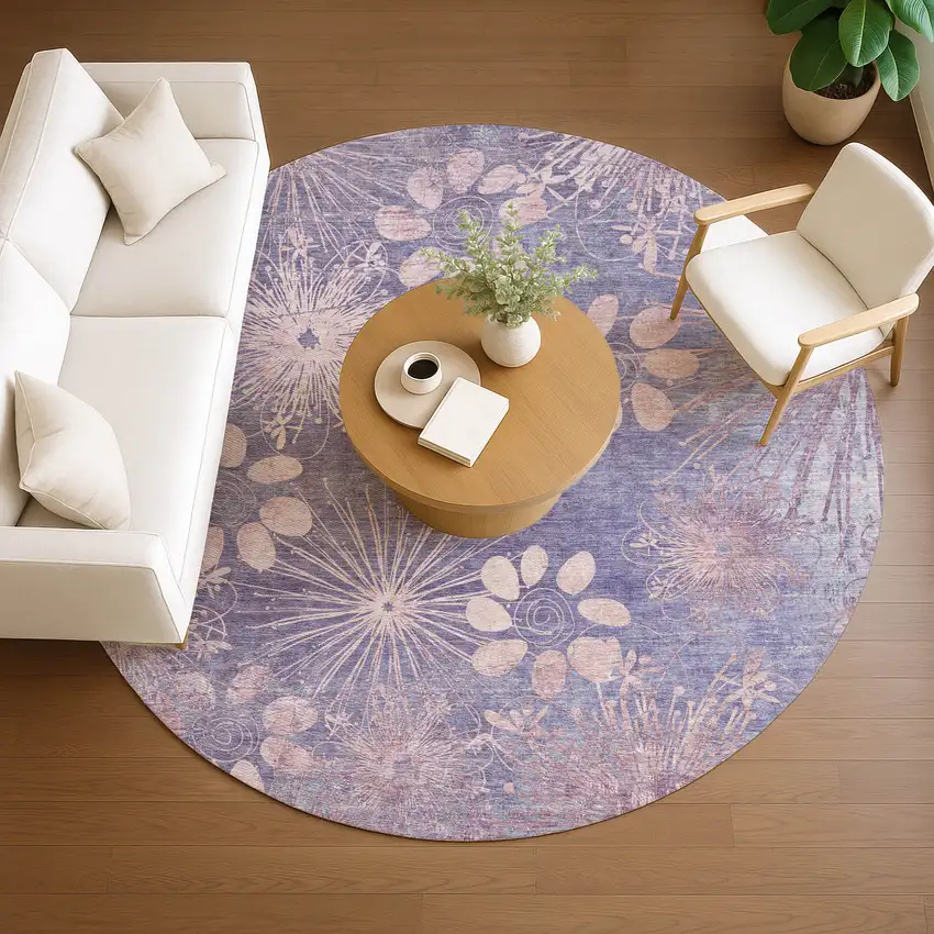 8' Purple And Ivory Round Floral Washable Indoor Outdoor Area Rug Photo 9