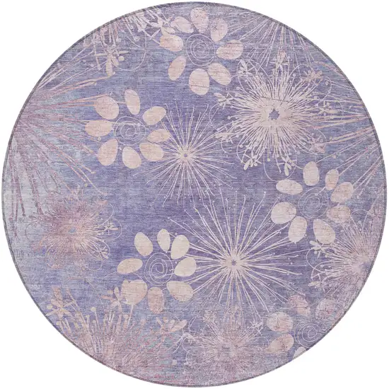8' Purple And Ivory Round Floral Washable Indoor Outdoor Area Rug Photo 4