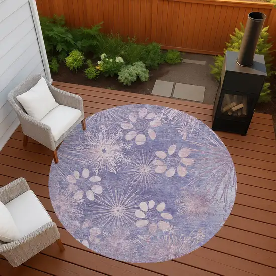 8' Purple And Ivory Round Floral Washable Indoor Outdoor Area Rug Photo 8