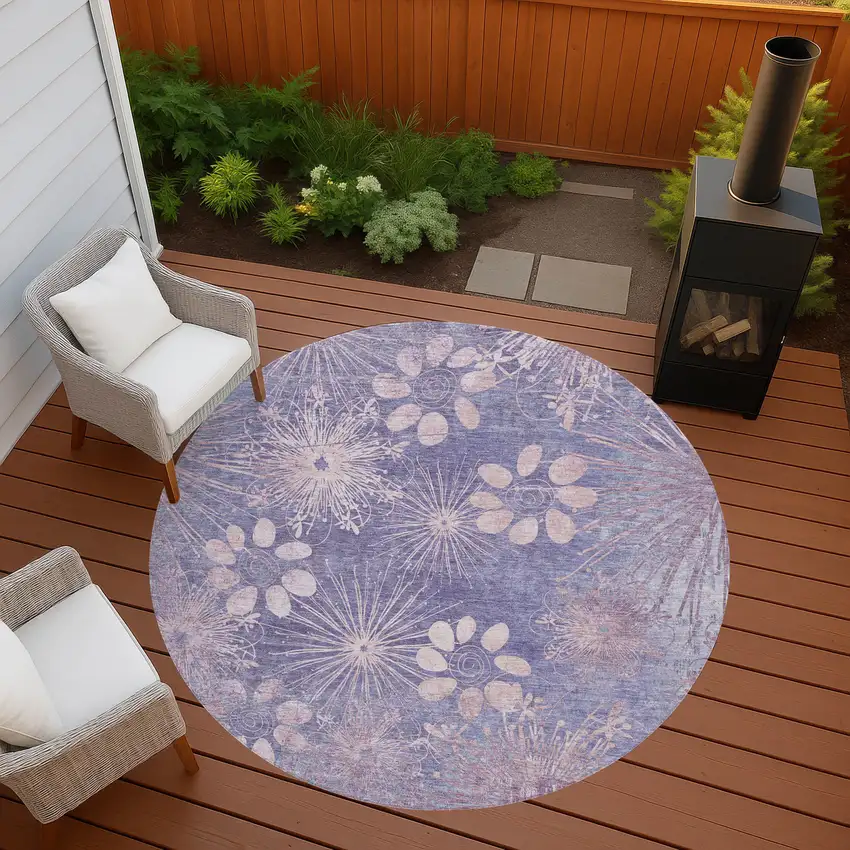 8' Purple And Ivory Round Floral Washable Indoor Outdoor Area Rug Photo 8