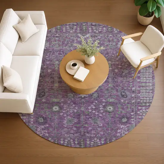 8' Purple And Ivory Round Floral Washable Indoor Outdoor Area Rug Photo 8