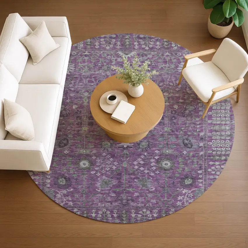 8' Purple And Ivory Round Floral Washable Indoor Outdoor Area Rug Photo 8