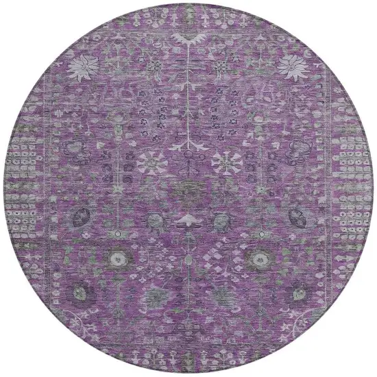 8' Purple And Ivory Round Floral Washable Indoor Outdoor Area Rug Photo 4