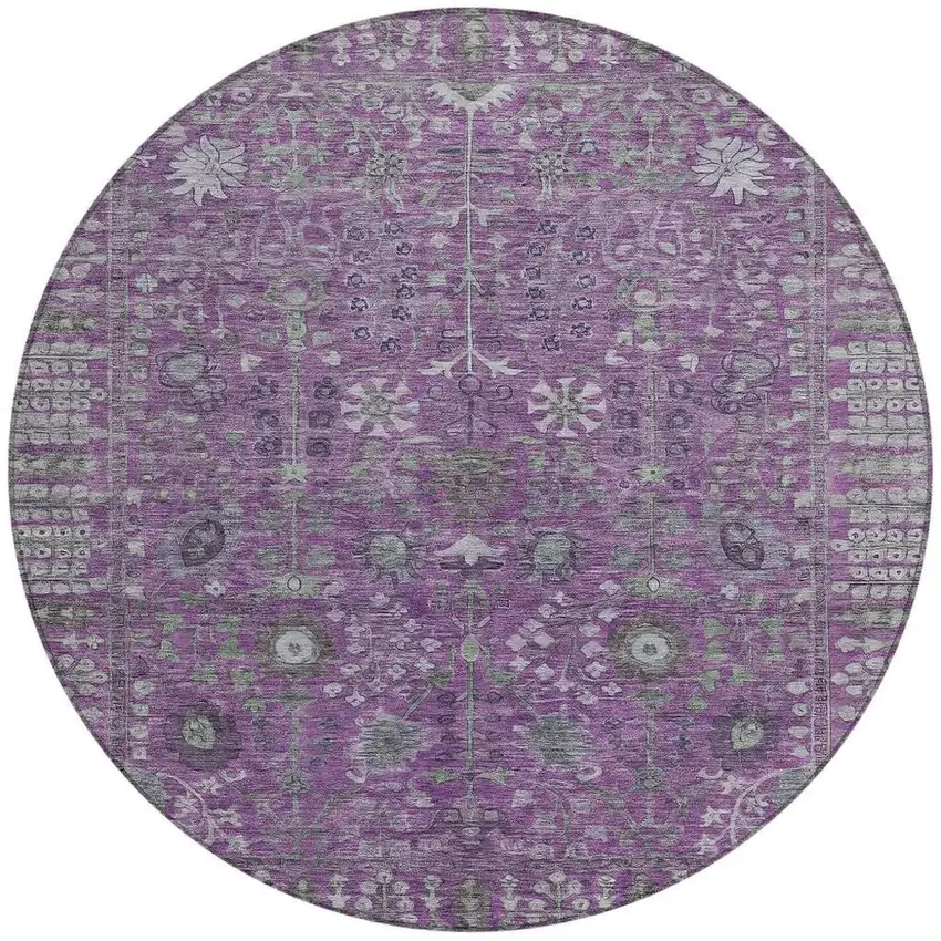 8' Purple And Ivory Round Floral Washable Indoor Outdoor Area Rug Photo 4