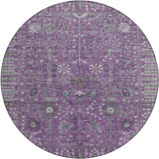 8' Purple And Ivory Round Floral Washable Indoor Outdoor Area Rug Photo 2
