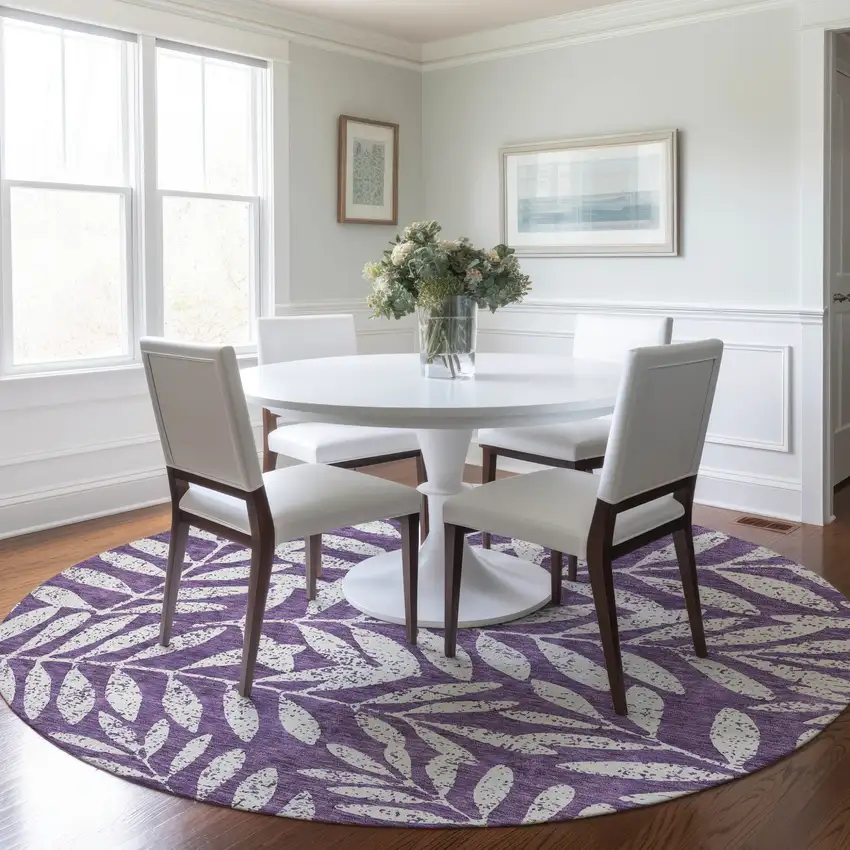 8' Purple And Ivory Round Floral Washable Indoor Outdoor Area Rug Photo 7