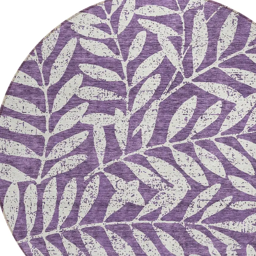 8' Purple And Ivory Round Floral Washable Indoor Outdoor Area Rug Photo 4