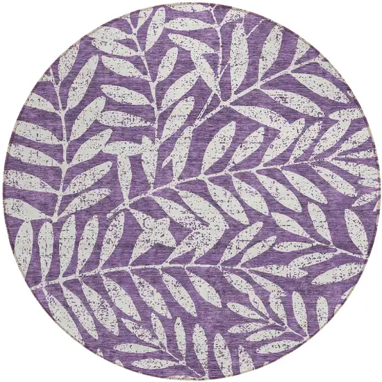 8' Purple And Ivory Round Floral Washable Indoor Outdoor Area Rug Photo 2
