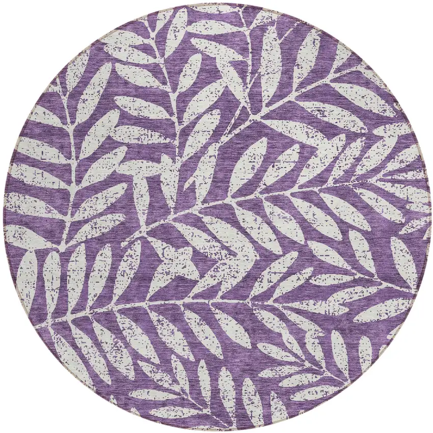 8' Purple And Ivory Round Floral Washable Indoor Outdoor Area Rug Photo 2