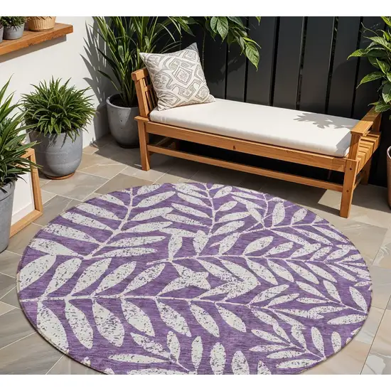 8' Purple And Ivory Round Floral Washable Indoor Outdoor Area Rug Photo 1