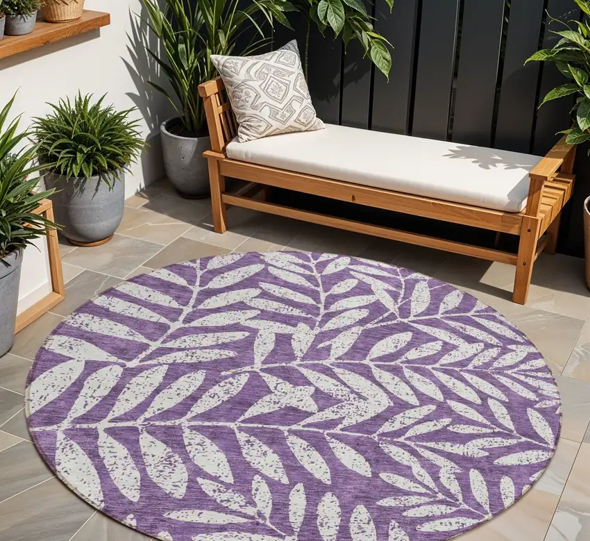 8' Purple And Ivory Round Floral Washable Indoor Outdoor Area Rug Photo 1