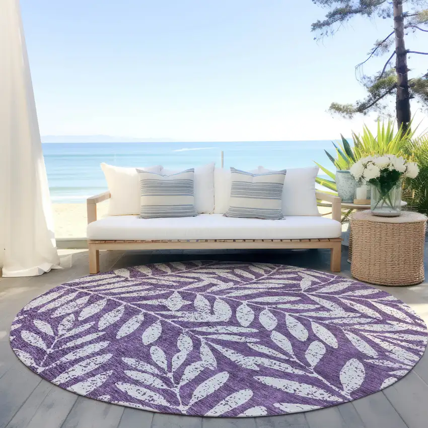 8' Purple And Ivory Round Floral Washable Indoor Outdoor Area Rug Photo 6