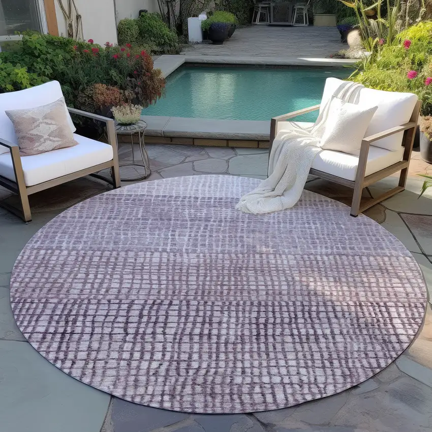 8' Purple And Ivory Round Geometric Washable Indoor Outdoor Area Rug Photo 5