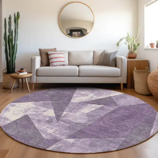 8' Purple And Ivory Round Geometric Washable Indoor Outdoor Area Rug Photo 6