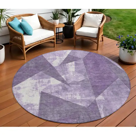 8' Purple And Ivory Round Geometric Washable Indoor Outdoor Area Rug Photo 2