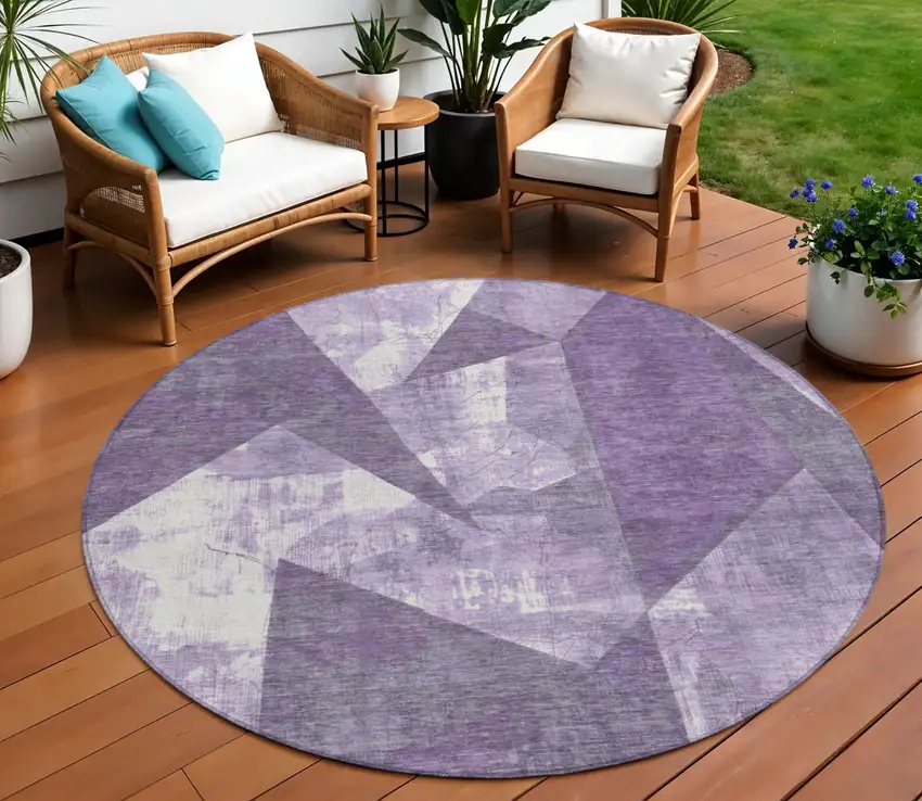 8' Purple And Ivory Round Geometric Washable Indoor Outdoor Area Rug Photo 2