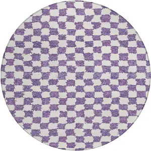 Photo of 8' Purple And Ivory Round Geometric Washable Indoor Outdoor Area Rug
