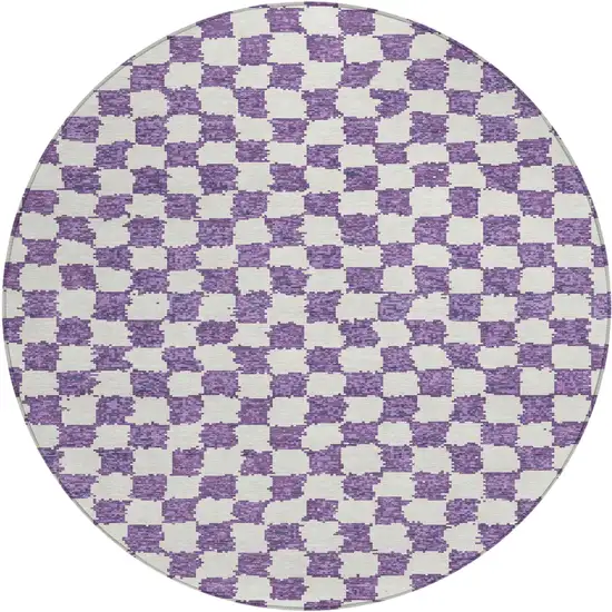 8' Purple And Ivory Round Geometric Washable Indoor Outdoor Area Rug Photo 1