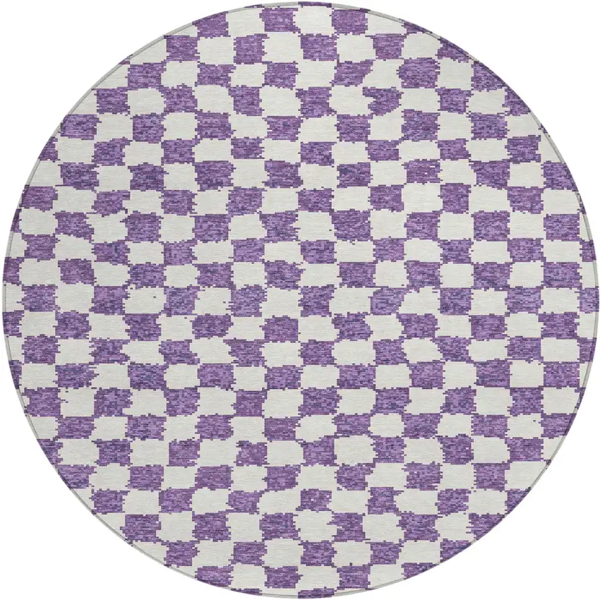 8' Purple And Ivory Round Geometric Washable Indoor Outdoor Area Rug Photo 1