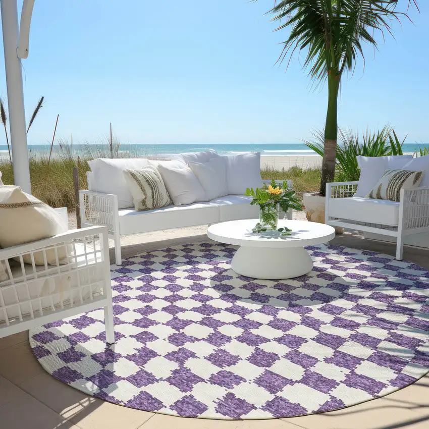 8' Purple And Ivory Round Geometric Washable Indoor Outdoor Area Rug Photo 5