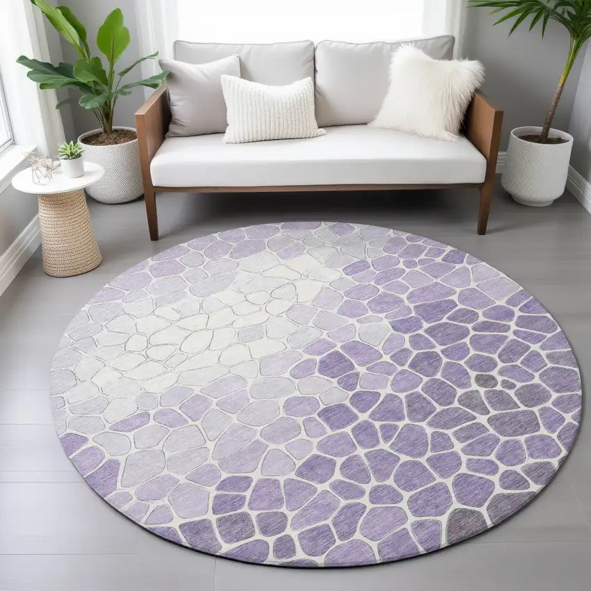 8' Purple And Ivory Round Geometric Washable Indoor Outdoor Area Rug Photo 7