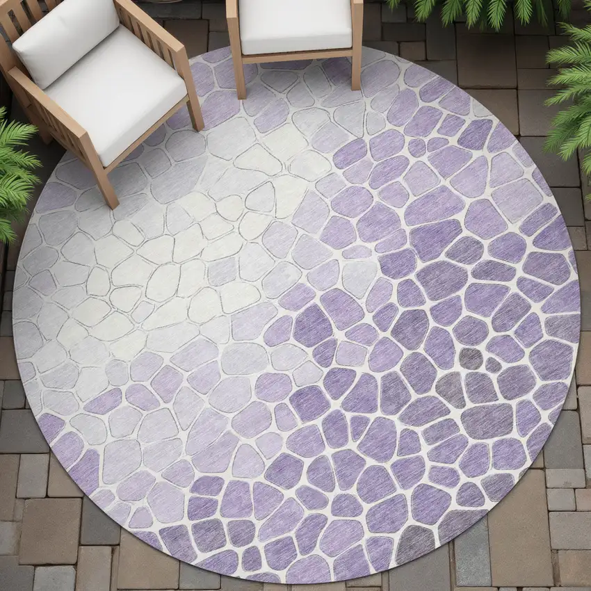 8' Purple And Ivory Round Geometric Washable Indoor Outdoor Area Rug Photo 6