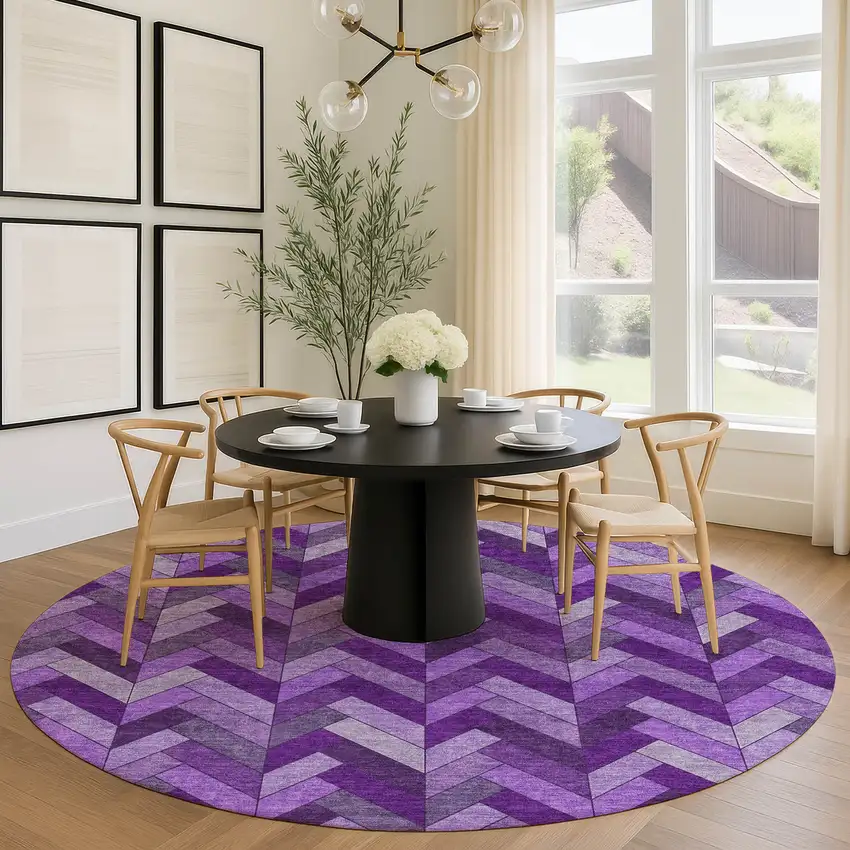 8' Purple And Ivory Round Geometric Washable Indoor Outdoor Area Rug Photo 8