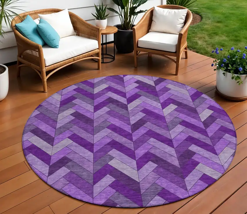 8' Purple And Ivory Round Geometric Washable Indoor Outdoor Area Rug Photo 1