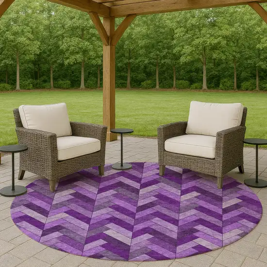 8' Purple And Ivory Round Geometric Washable Indoor Outdoor Area Rug Photo 7