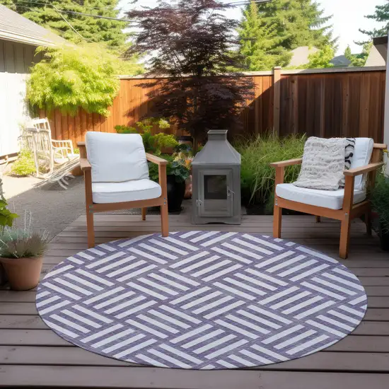 8' Purple And Ivory Round Geometric Washable Indoor Outdoor Area Rug Photo 6