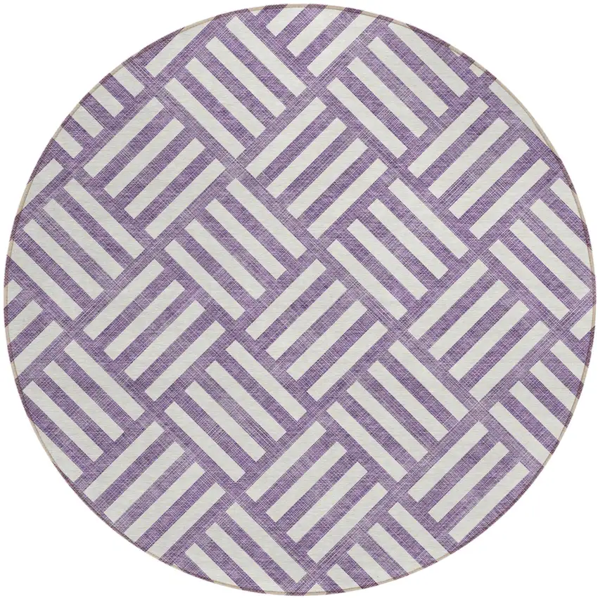 8' Purple And Ivory Round Geometric Washable Indoor Outdoor Area Rug Photo 2