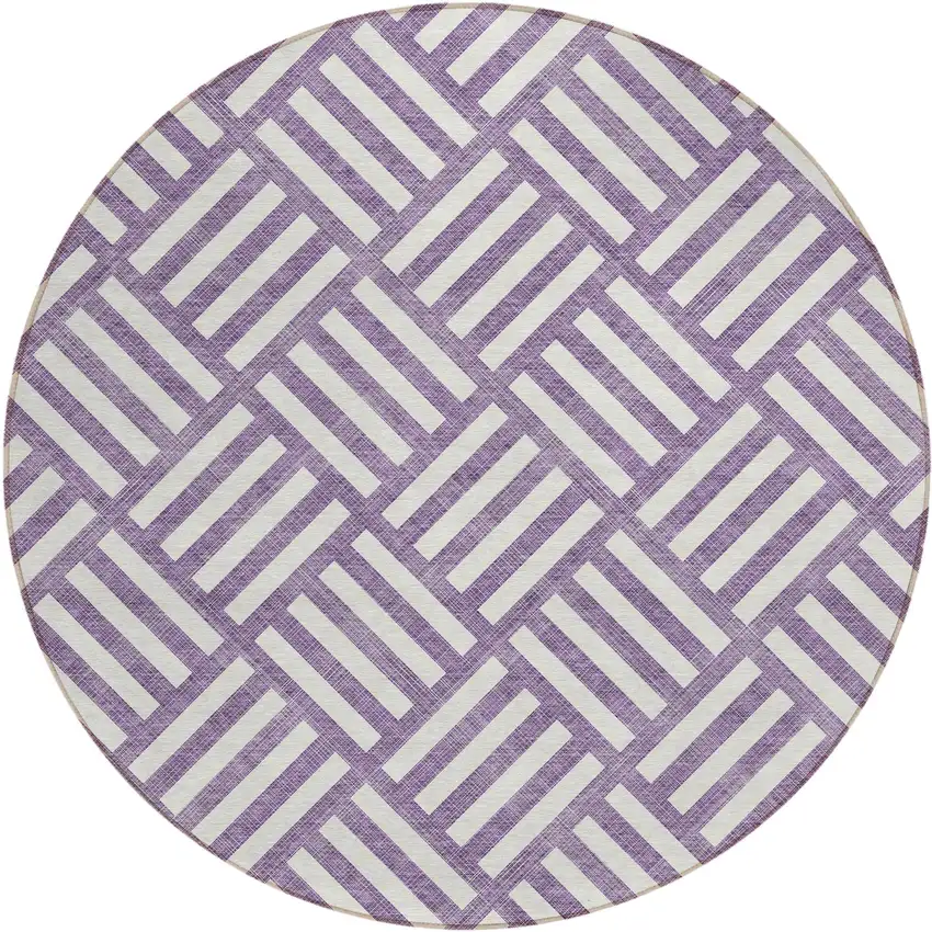 8' Purple And Ivory Round Geometric Washable Indoor Outdoor Area Rug Photo 2