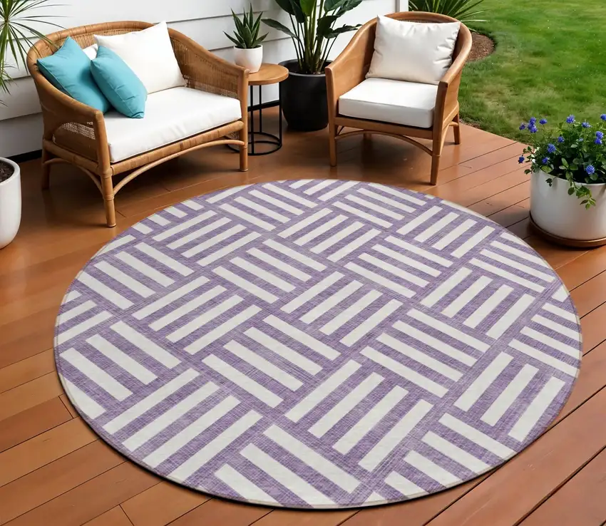 8' Purple And Ivory Round Geometric Washable Indoor Outdoor Area Rug Photo 1