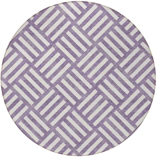 8' Purple And Ivory Round Geometric Washable Indoor Outdoor Area Rug Photo 5