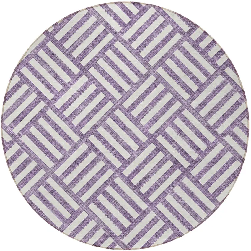 8' Purple And Ivory Round Geometric Washable Indoor Outdoor Area Rug Photo 5