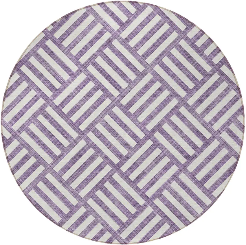 8' Purple And Ivory Round Geometric Washable Indoor Outdoor Area Rug Photo 5