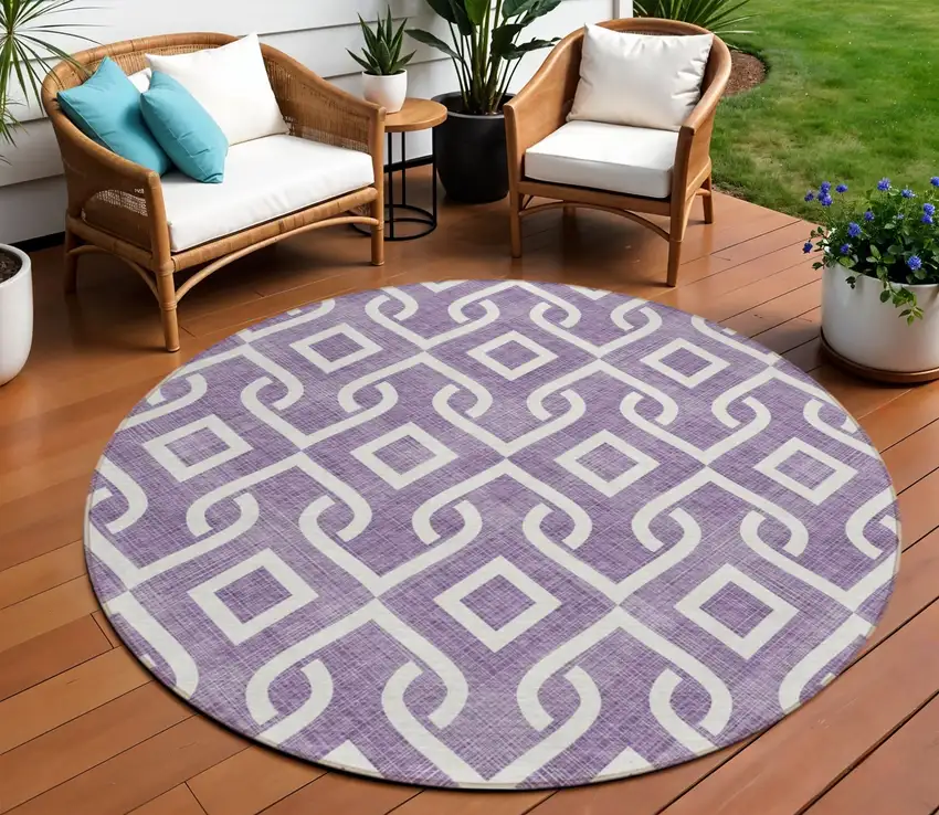 8' Purple And Ivory Round Geometric Washable Indoor Outdoor Area Rug Photo 1