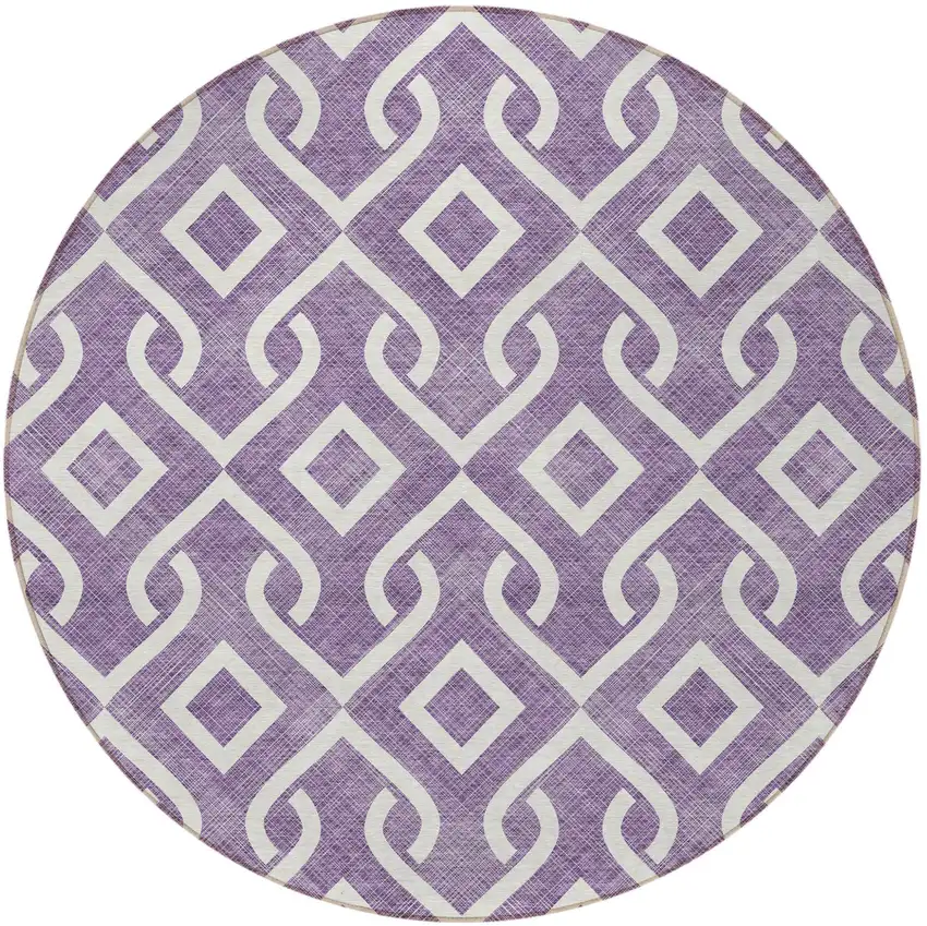 8' Purple And Ivory Round Geometric Washable Indoor Outdoor Area Rug Photo 4
