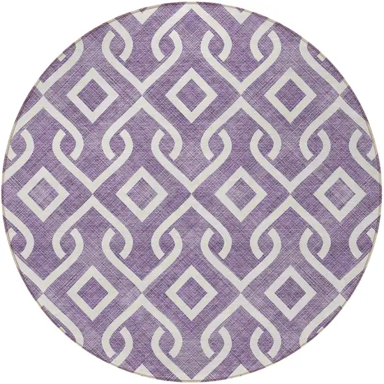 8' Purple And Ivory Round Geometric Washable Indoor Outdoor Area Rug Photo 4
