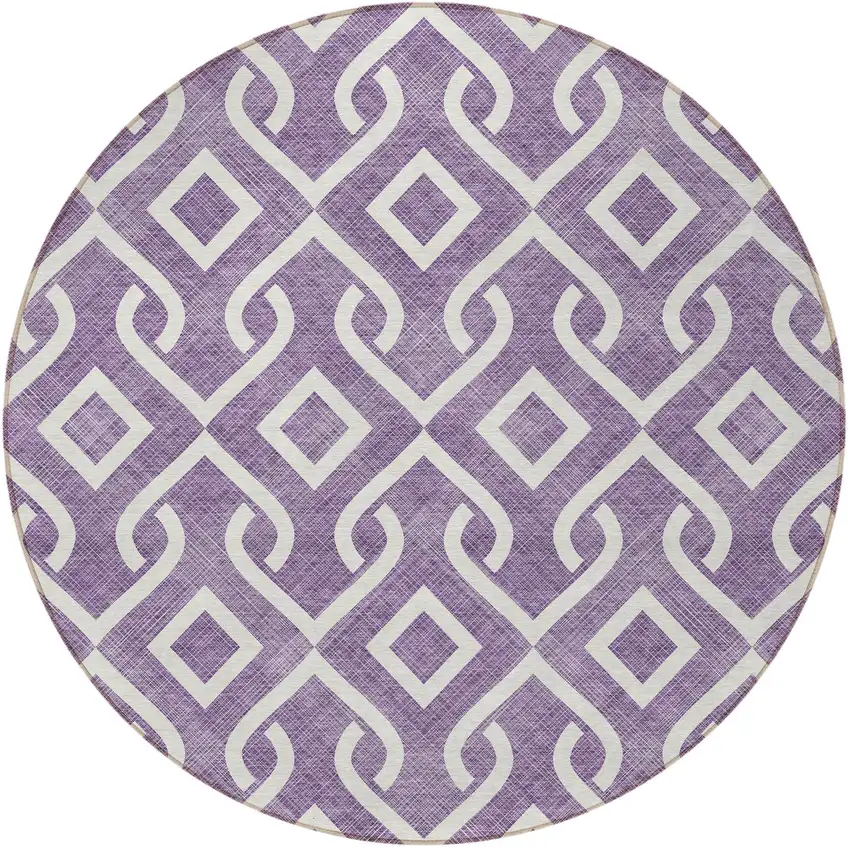 8' Purple And Ivory Round Geometric Washable Indoor Outdoor Area Rug Photo 4