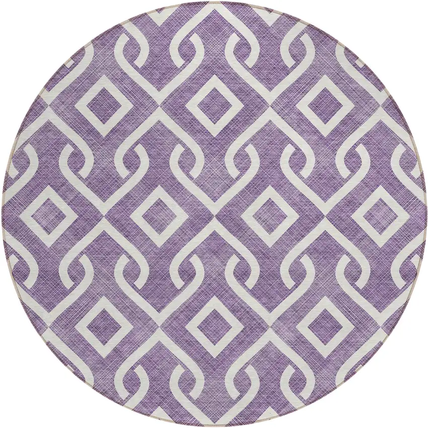 8' Purple And Ivory Round Geometric Washable Indoor Outdoor Area Rug Photo 2