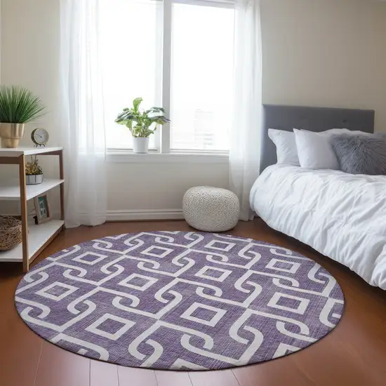 8' Purple And Ivory Round Geometric Washable Indoor Outdoor Area Rug Photo 6