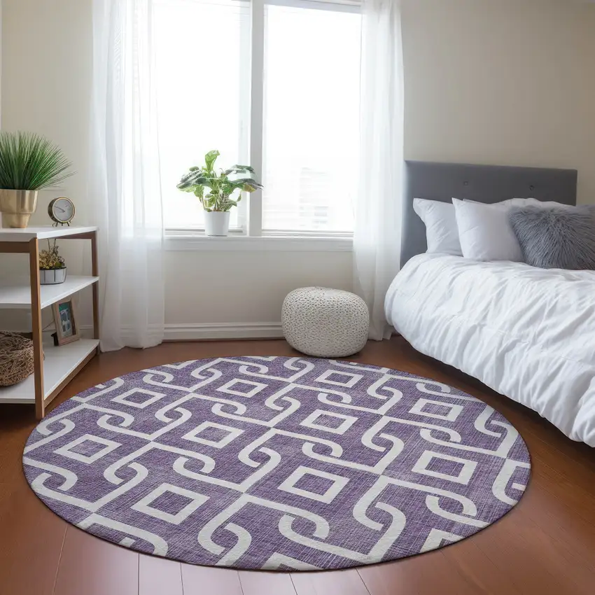 8' Purple And Ivory Round Geometric Washable Indoor Outdoor Area Rug Photo 6