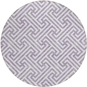 Photo of 8' Purple And Ivory Round Geometric Washable Indoor Outdoor Area Rug