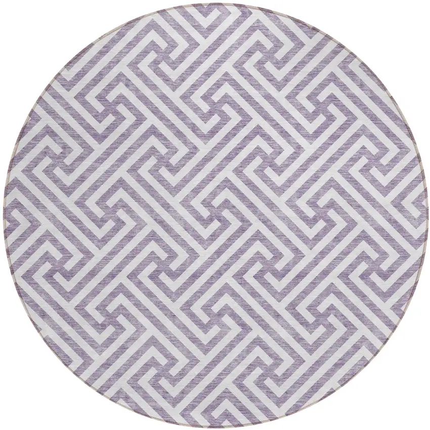 8' Purple And Ivory Round Geometric Washable Indoor Outdoor Area Rug Photo 1